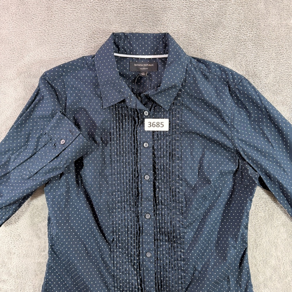 Banana Republic Button Down Women 12 Navy Blue Polka Dot Pleated Tuxedo Shirt